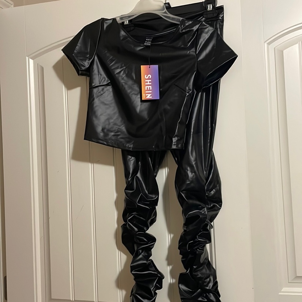 Leather top and stack leggings